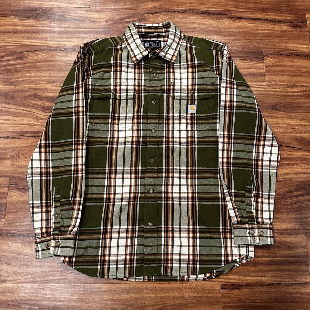 Carhartt Shirt Mens Medium Green Plaid Long Sleeve Flannel Button Up Workwear